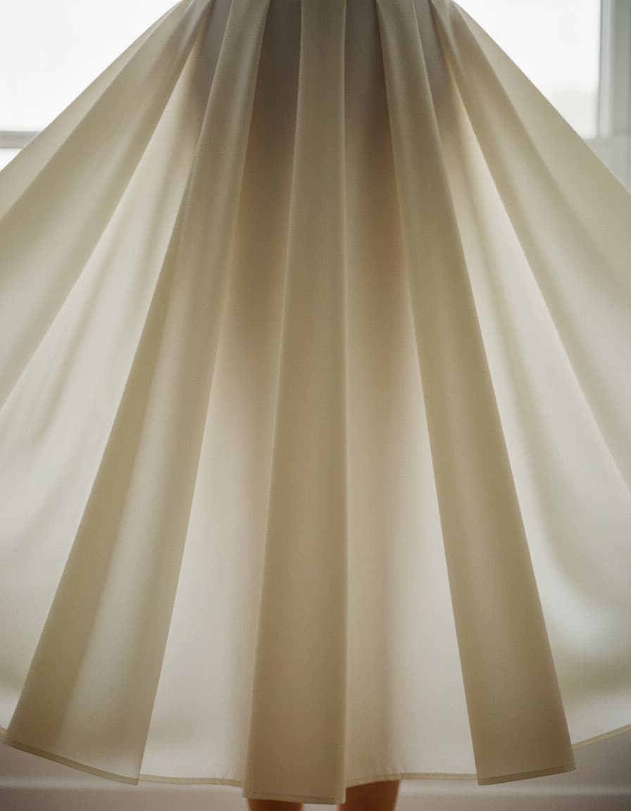 Close detail of the deep pleats of an ivory silk-crepe modest dress