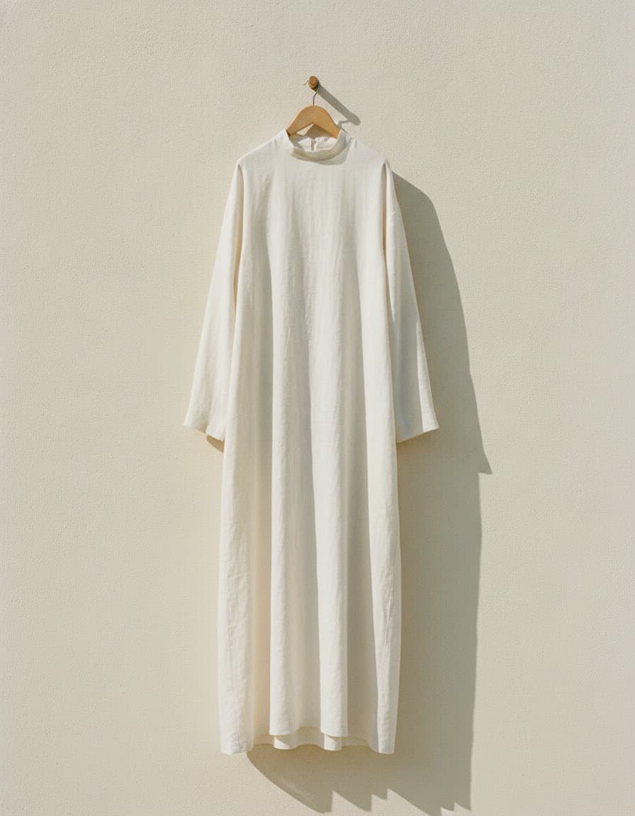A long ivory linen modest overdress with full sleeves hanging alone on a pale wall